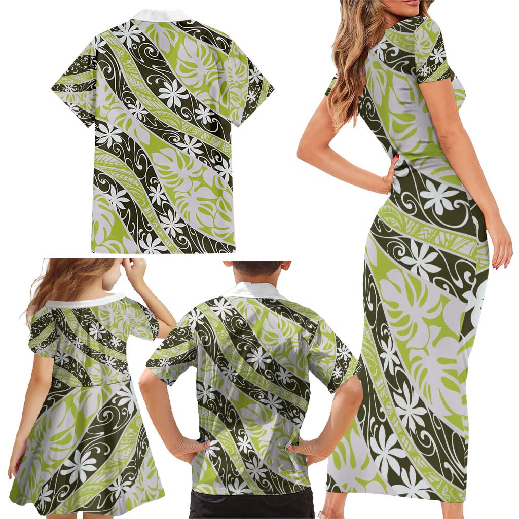 Olive Tahiti Tiare Monstera Family Matching Short Sleeve Bodycon Dress and Hawaiian Shirt Polynesian Pattern Curve Style - Polynesian Pride