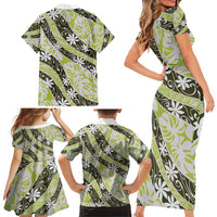 Olive Tahiti Tiare Monstera Family Matching Short Sleeve Bodycon Dress and Hawaiian Shirt Polynesian Pattern Curve Style - Polynesian Pride
