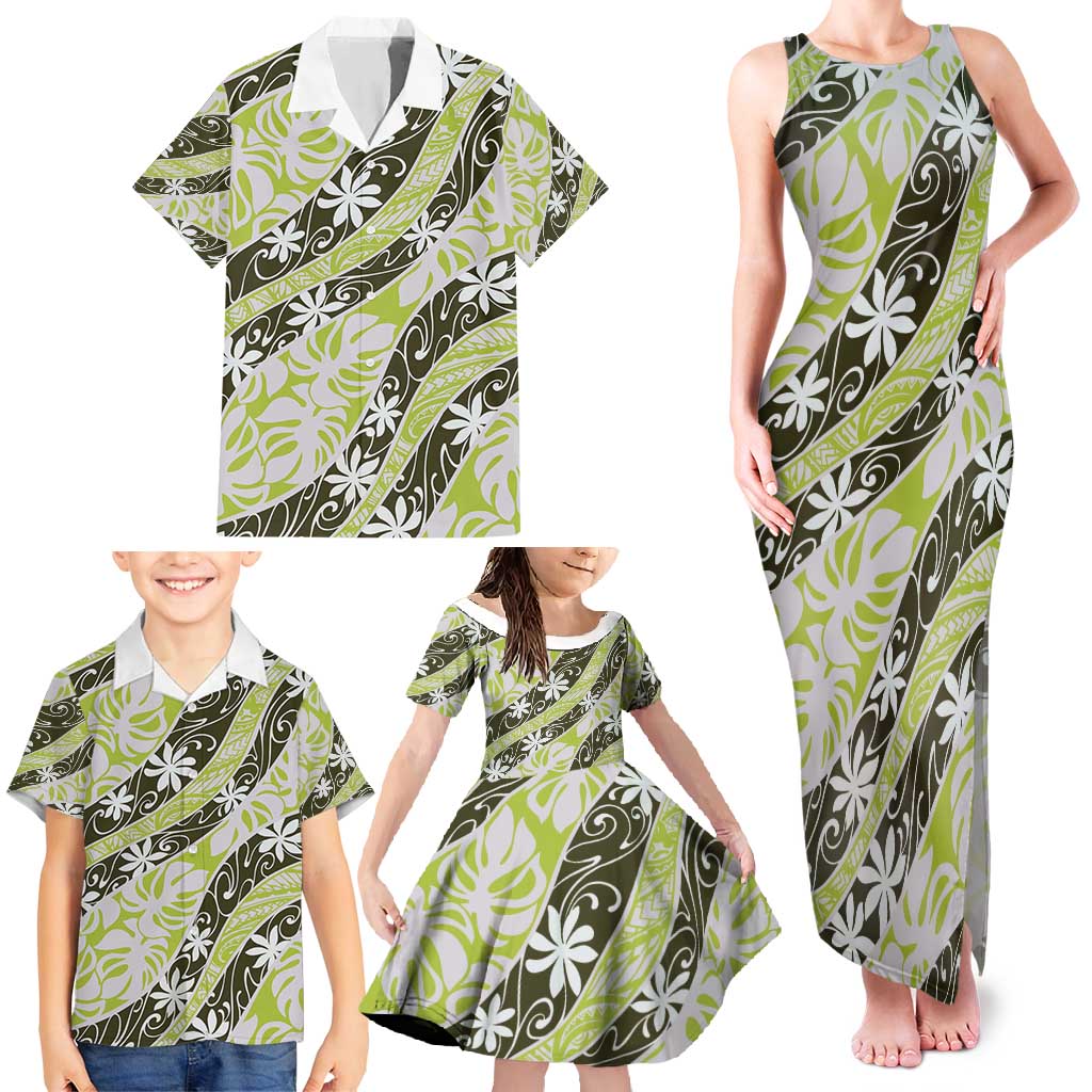 Olive Tahiti Tiare Monstera Family Matching Tank Maxi Dress and Hawaiian Shirt Polynesian Pattern Curve Style - Polynesian Pride
