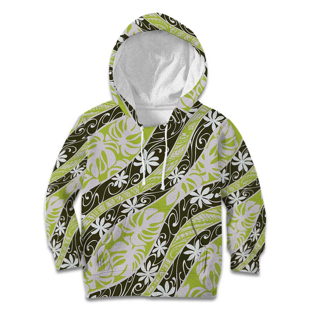 Olive Tahiti Tiare Monstera Kid Hoodie Polynesian Pattern Curve Style - Polynesian Pride