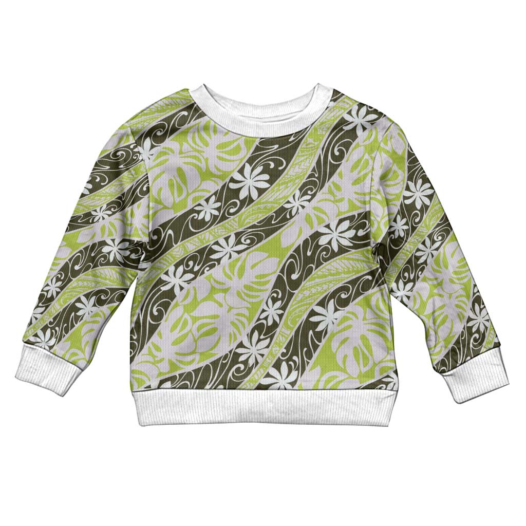 Olive Tahiti Tiare Monstera Kid Ugly Christmas Sweater Polynesian Pattern Curve Style - Polynesian Pride