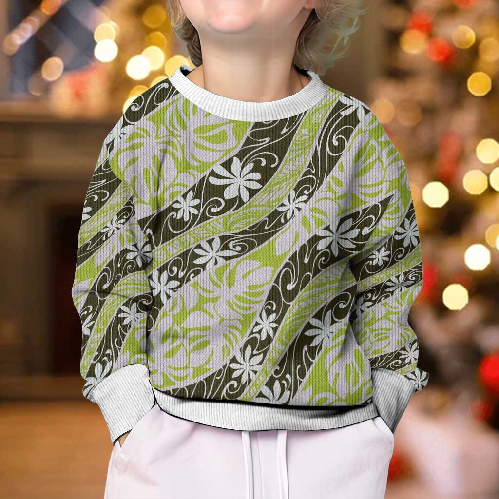 Olive Tahiti Tiare Monstera Kid Ugly Christmas Sweater Polynesian Pattern Curve Style - Polynesian Pride