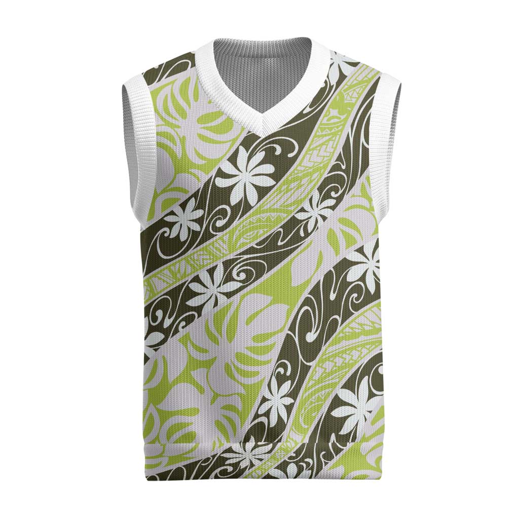 Olive Tahiti Tiare Monstera Christmas Knitted V-Neck Vest Polynesian Pattern Curve Style LT01 Olive - Polynesian Pride