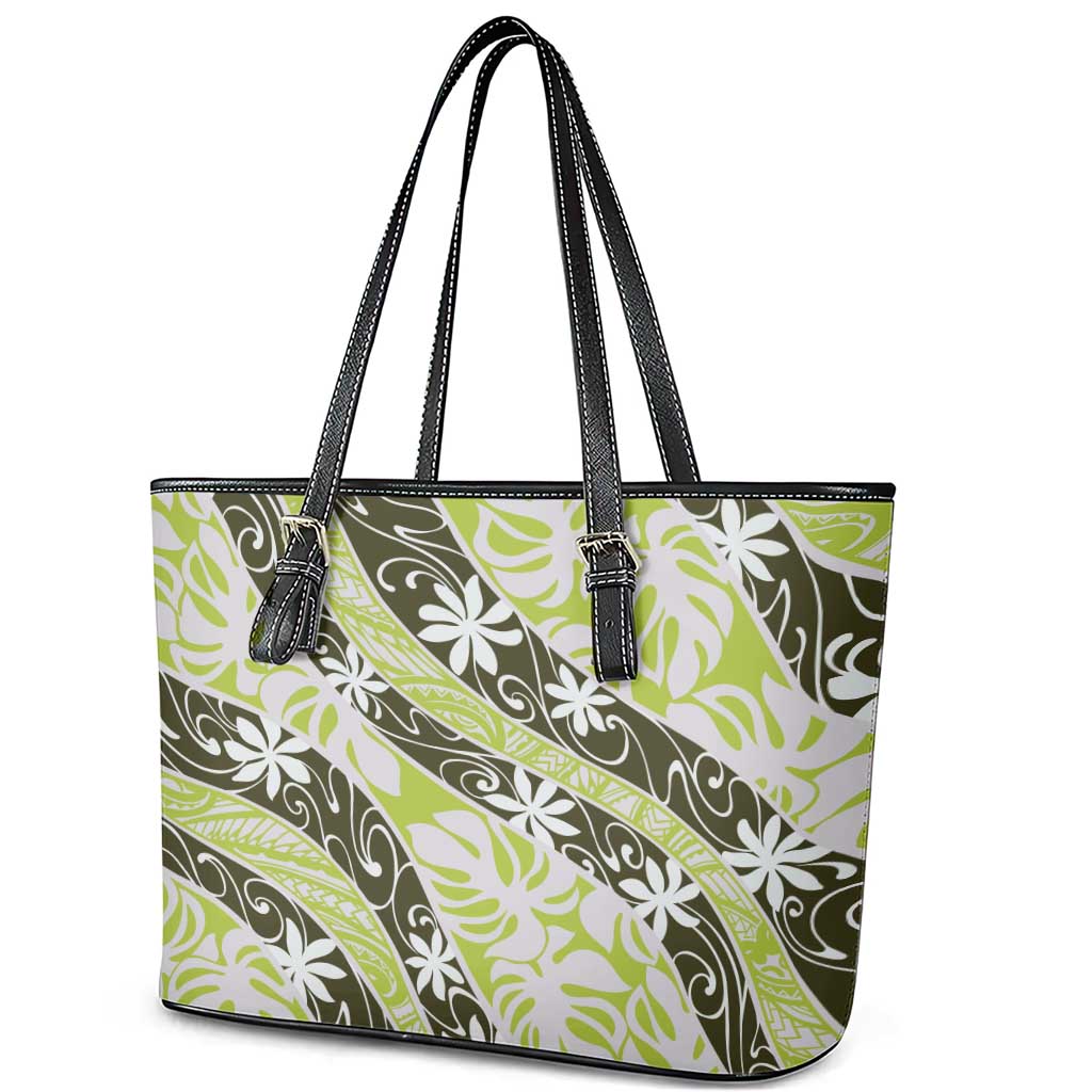 Olive Tahiti Tiare Monstera Leather Tote Bag Polynesian Pattern Curve Style - Polynesian Pride