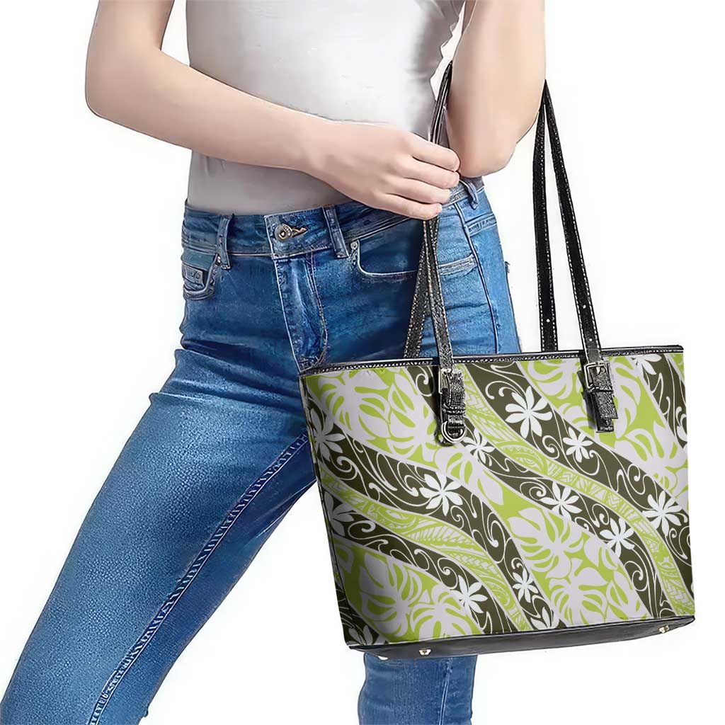 Olive Tahiti Tiare Monstera Leather Tote Bag Polynesian Pattern Curve Style - Polynesian Pride