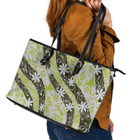 Olive Tahiti Tiare Monstera Leather Tote Bag Polynesian Pattern Curve Style - Polynesian Pride