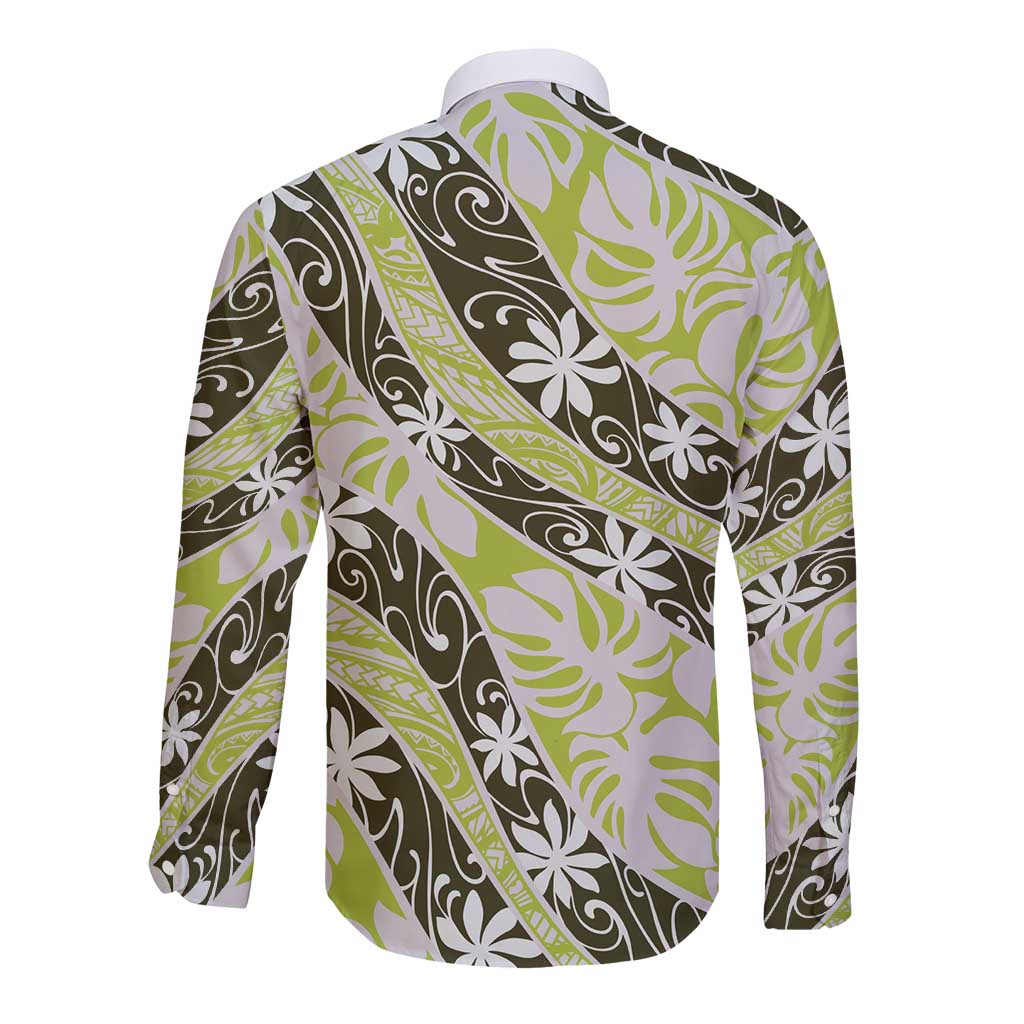 Olive Tahiti Tiare Monstera Long Sleeve Button Shirt Polynesian Pattern Curve Style LT01 - Polynesian Pride