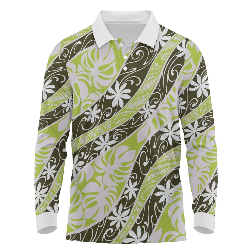 Olive Tahiti Tiare Monstera Long Sleeve Polo Shirt Polynesian Pattern Curve Style LT01 Olive - Polynesian Pride