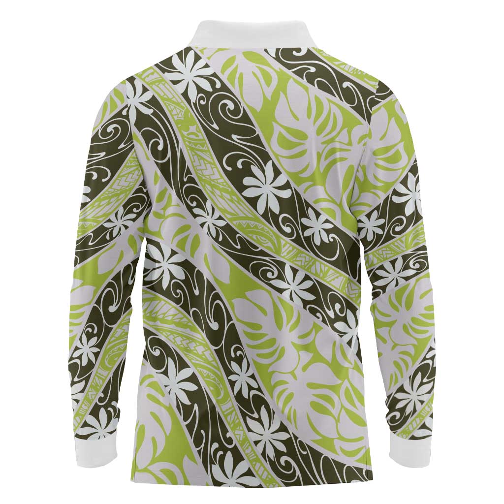 Olive Tahiti Tiare Monstera Long Sleeve Polo Shirt Polynesian Pattern Curve Style LT01 - Polynesian Pride