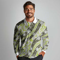 Olive Tahiti Tiare Monstera Long Sleeve Polo Shirt Polynesian Pattern Curve Style LT01 - Polynesian Pride