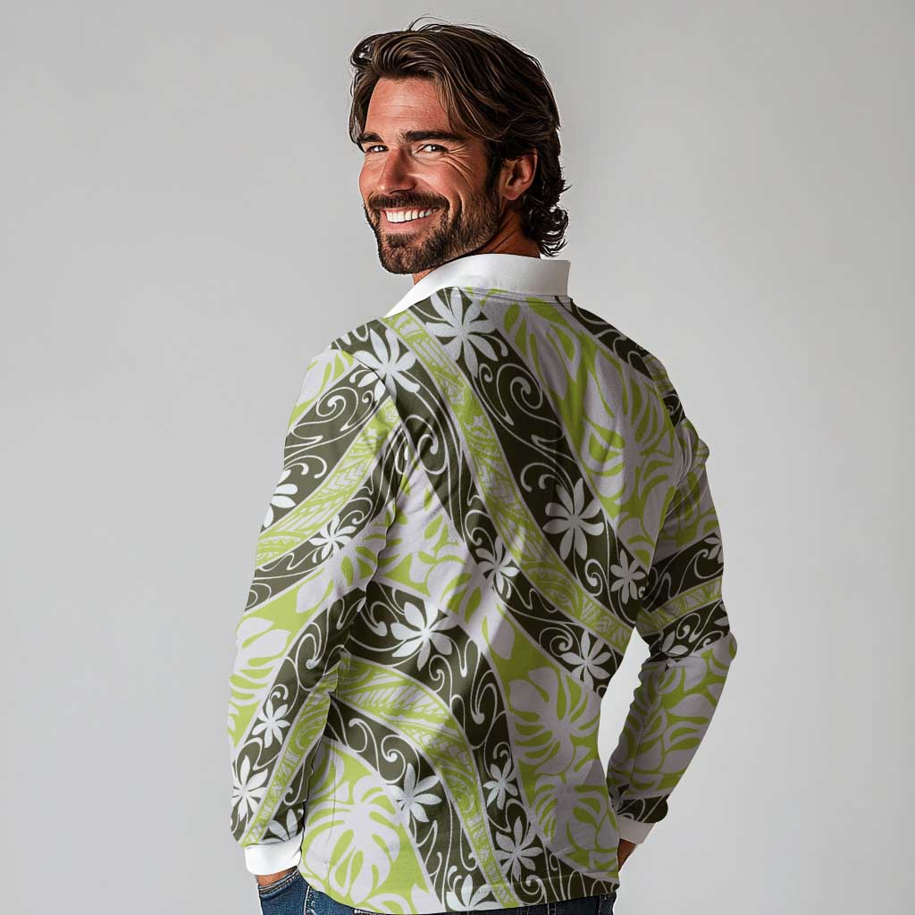 Olive Tahiti Tiare Monstera Long Sleeve Polo Shirt Polynesian Pattern Curve Style LT01 - Polynesian Pride