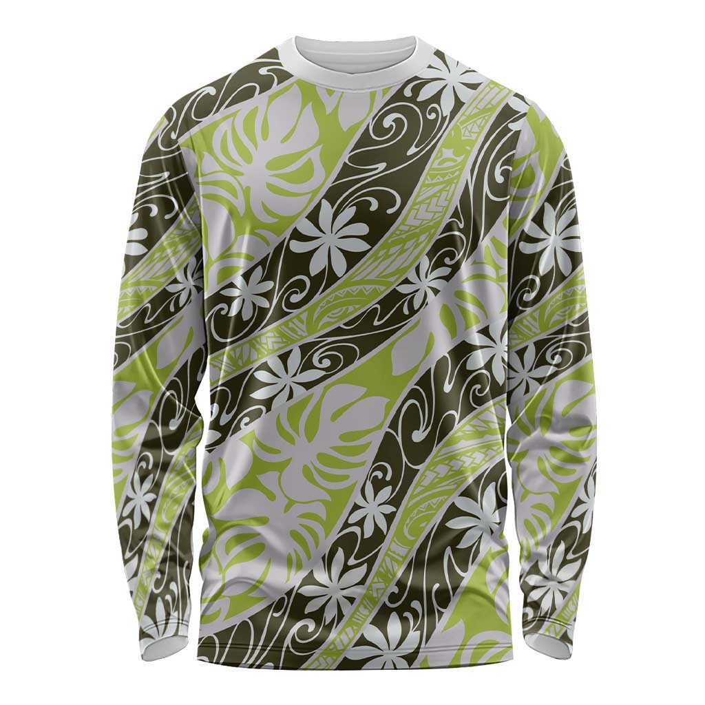 Olive Tahiti Tiare Monstera Long Sleeve Shirt Polynesian Pattern Curve Style LT01 Unisex Olive - Polynesian Pride