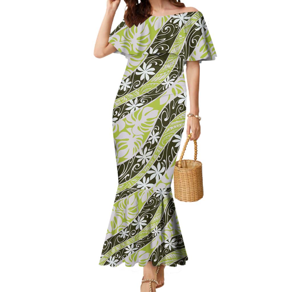 Olive Tahiti Tiare Monstera Mermaid Dress Polynesian Pattern Curve Style - Polynesian Pride