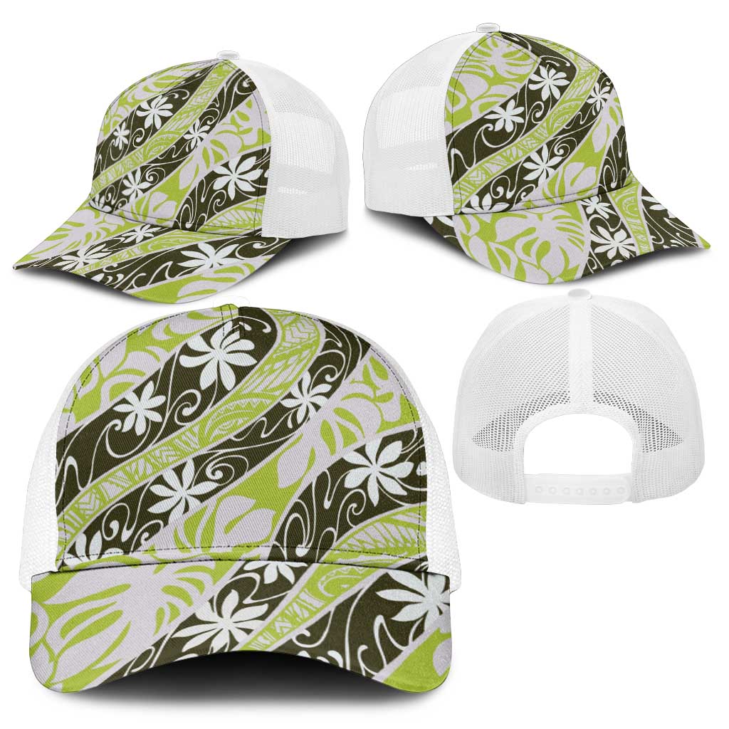 Olive Tahiti Tiare Monstera Mesh Trucker Cap Polynesian Pattern Curve Style - Polynesian Pride