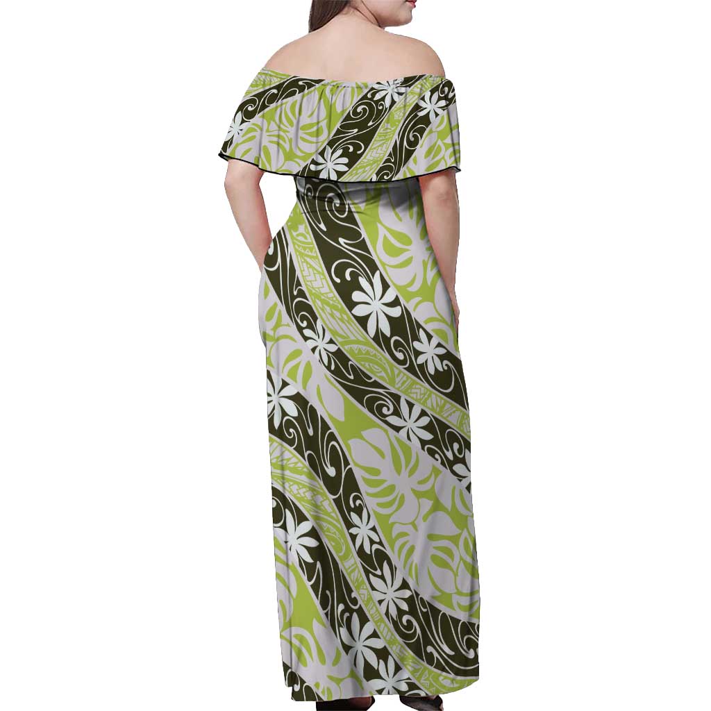 Olive Tahiti Tiare Monstera Off Shoulder Maxi Dress Polynesian Pattern Curve Style - Polynesian Pride