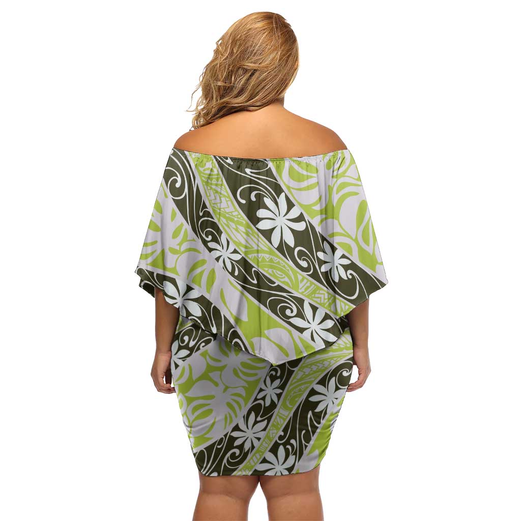 Olive Tahiti Tiare Monstera Off Shoulder Short Dress Polynesian Pattern Curve Style - Polynesian Pride