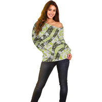 Olive Tahiti Tiare Monstera Off Shoulder Sweater Polynesian Pattern Curve Style - Polynesian Pride