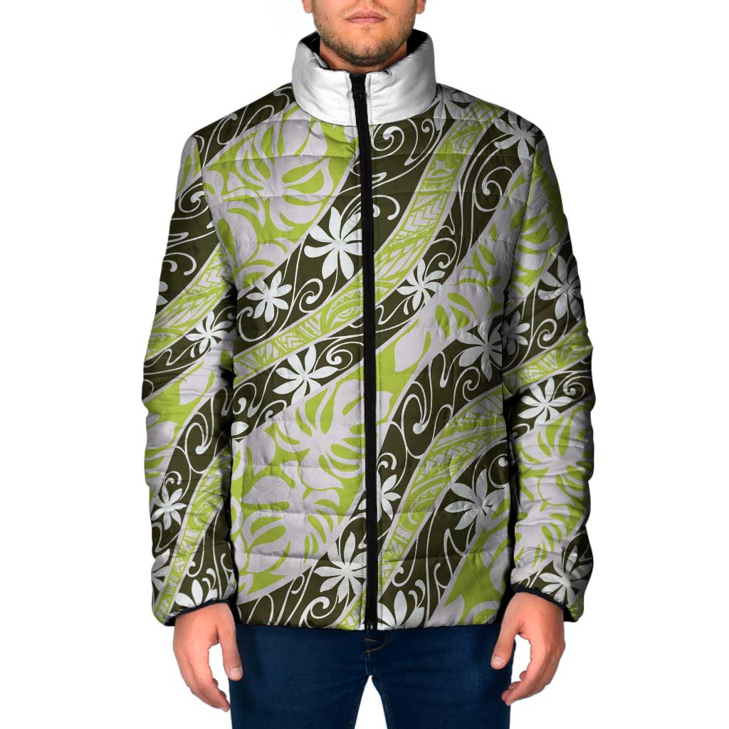 Olive Tahiti Tiare Monstera Padded Jacket Polynesian Pattern Curve Style LT01 Men Olive - Polynesian Pride