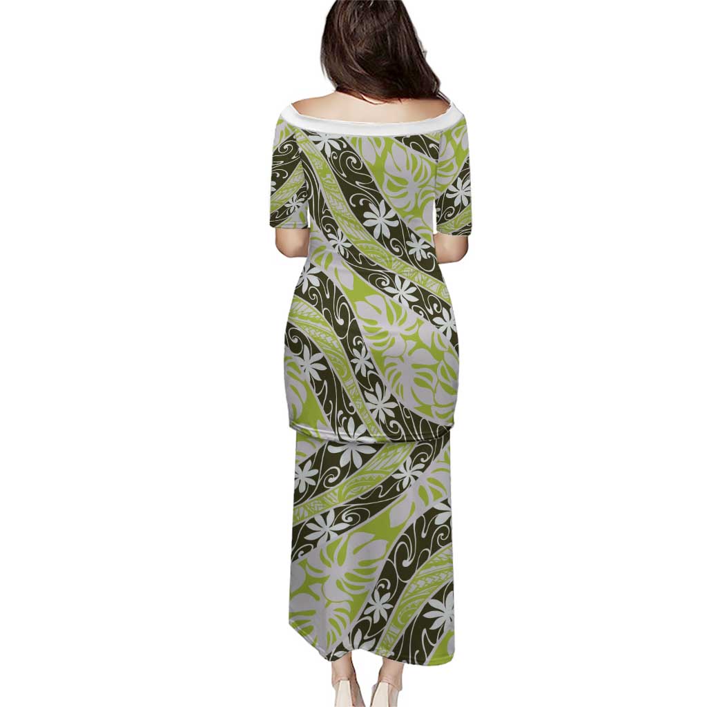 Olive Tahiti Tiare Monstera Puletasi Polynesian Pattern Curve Style - Polynesian Pride