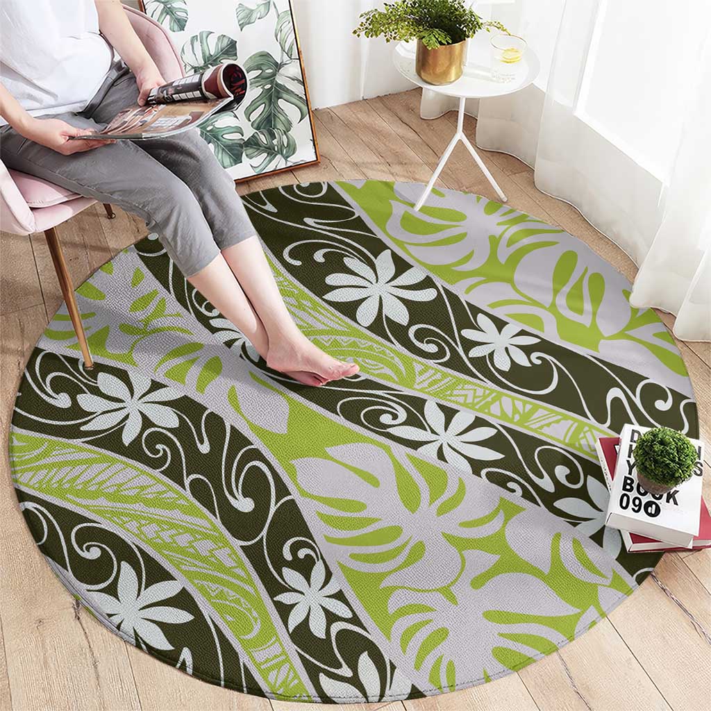 Olive Tahiti Tiare Monstera Round Carpet Polynesian Pattern Curve Style LT01 - Polynesian Pride