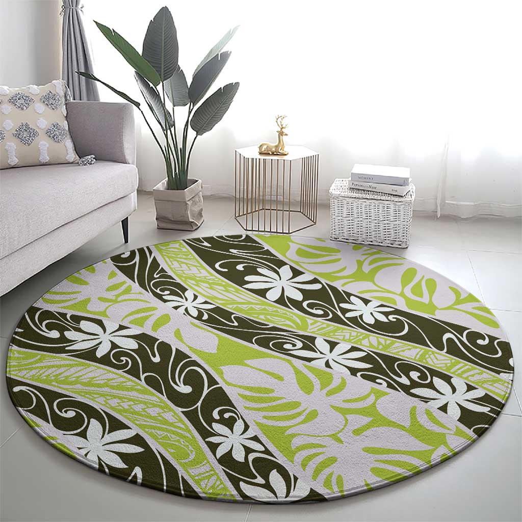 Olive Tahiti Tiare Monstera Round Carpet Polynesian Pattern Curve Style LT01 - Polynesian Pride