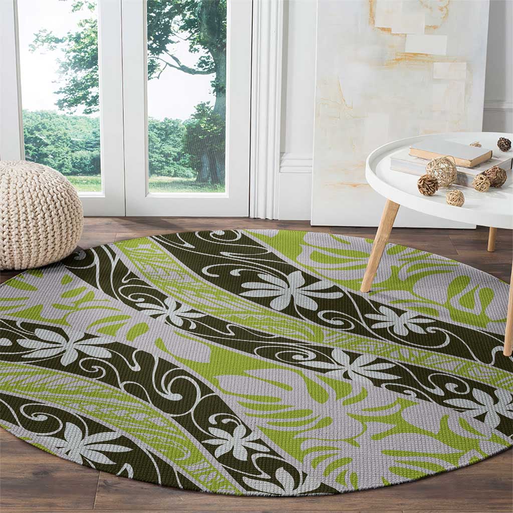 Olive Tahiti Tiare Monstera Round Carpet Polynesian Pattern Curve Style LT01 - Polynesian Pride
