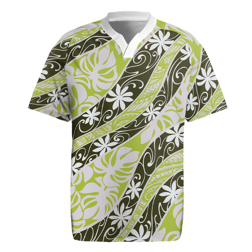 Olive Tahiti Tiare Monstera Rugby Jersey Polynesian Pattern Curve Style - Polynesian Pride