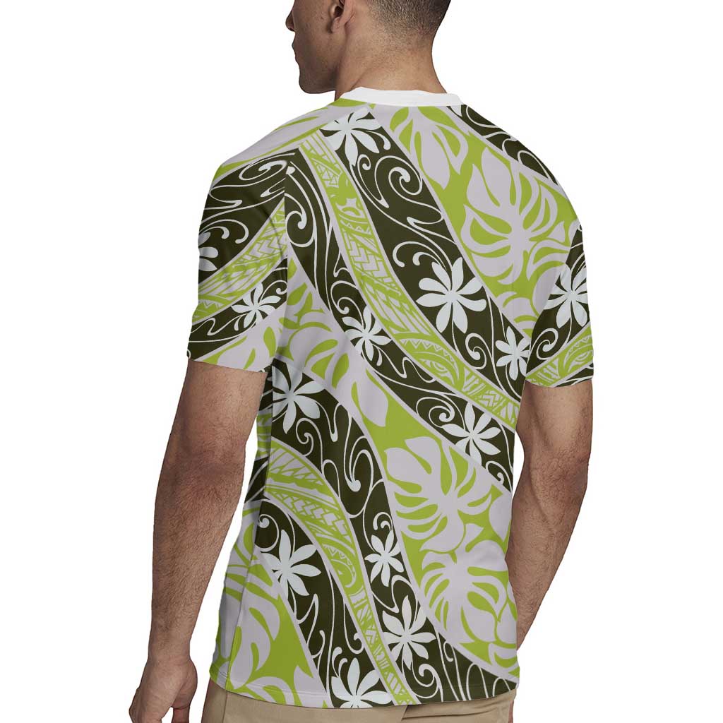 Olive Tahiti Tiare Monstera Rugby Jersey Polynesian Pattern Curve Style - Polynesian Pride