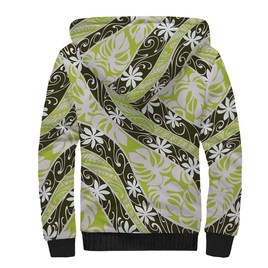 Olive Tahiti Tiare Monstera Sherpa Hoodie Polynesian Pattern Curve Style - Polynesian Pride