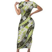Olive Tahiti Tiare Monstera Short Sleeve Bodycon Dress Polynesian Pattern Curve Style - Polynesian Pride