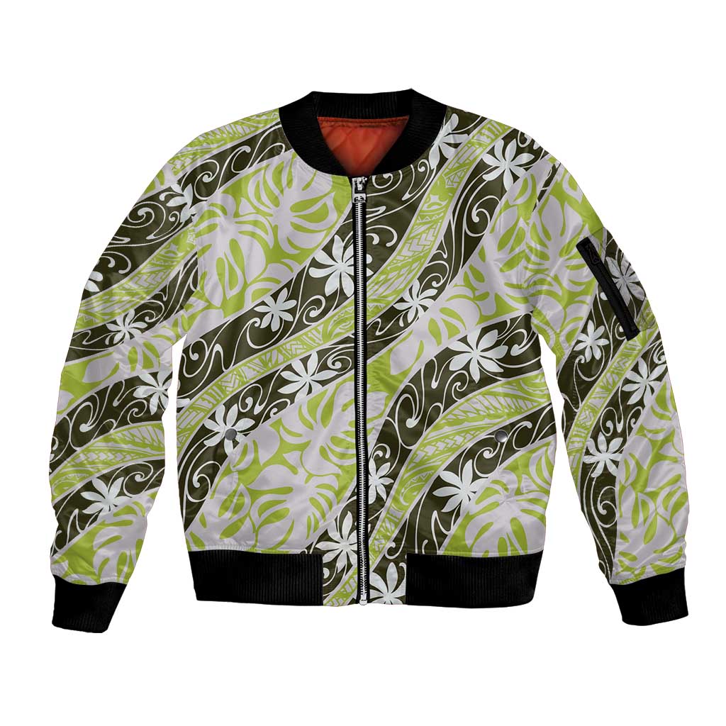 Olive Tahiti Tiare Monstera Sleeve Zip Bomber Jacket Polynesian Pattern Curve Style LT01 Unisex Olive - Polynesian Pride
