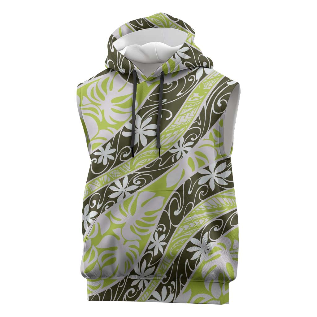 Olive Tahiti Tiare Monstera Sleeveless Hoodie Polynesian Pattern Curve Style LT01 Olive - Polynesian Pride