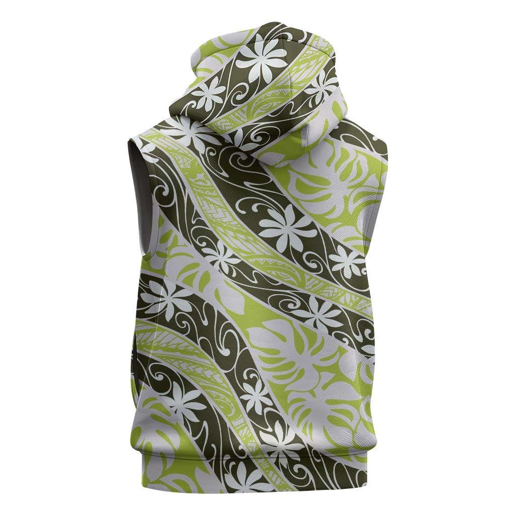 Olive Tahiti Tiare Monstera Sleeveless Hoodie Polynesian Pattern Curve Style LT01 - Polynesian Pride