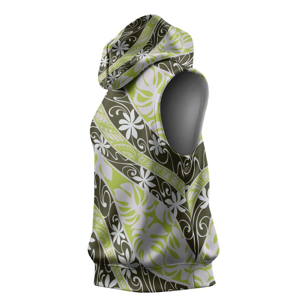 Olive Tahiti Tiare Monstera Sleeveless Hoodie Polynesian Pattern Curve Style LT01 - Polynesian Pride