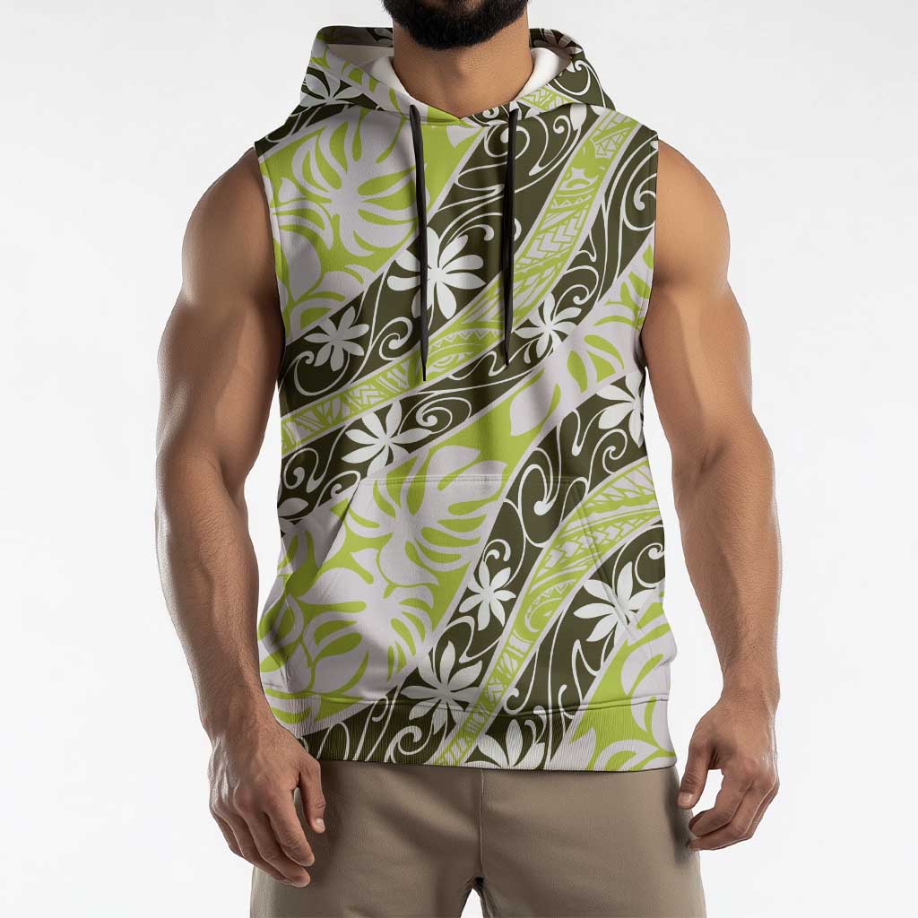 Olive Tahiti Tiare Monstera Sleeveless Hoodie Polynesian Pattern Curve Style LT01 - Polynesian Pride