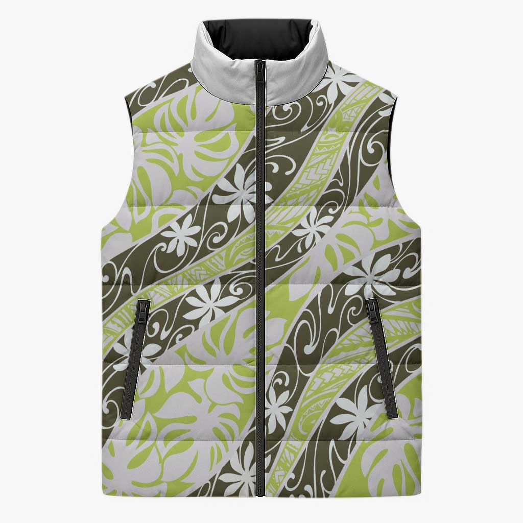 Olive Tahiti Tiare Monstera Sleeveless Puffer Jacket Polynesian Pattern Curve Style LT01 Unisex Olive - Polynesian Pride