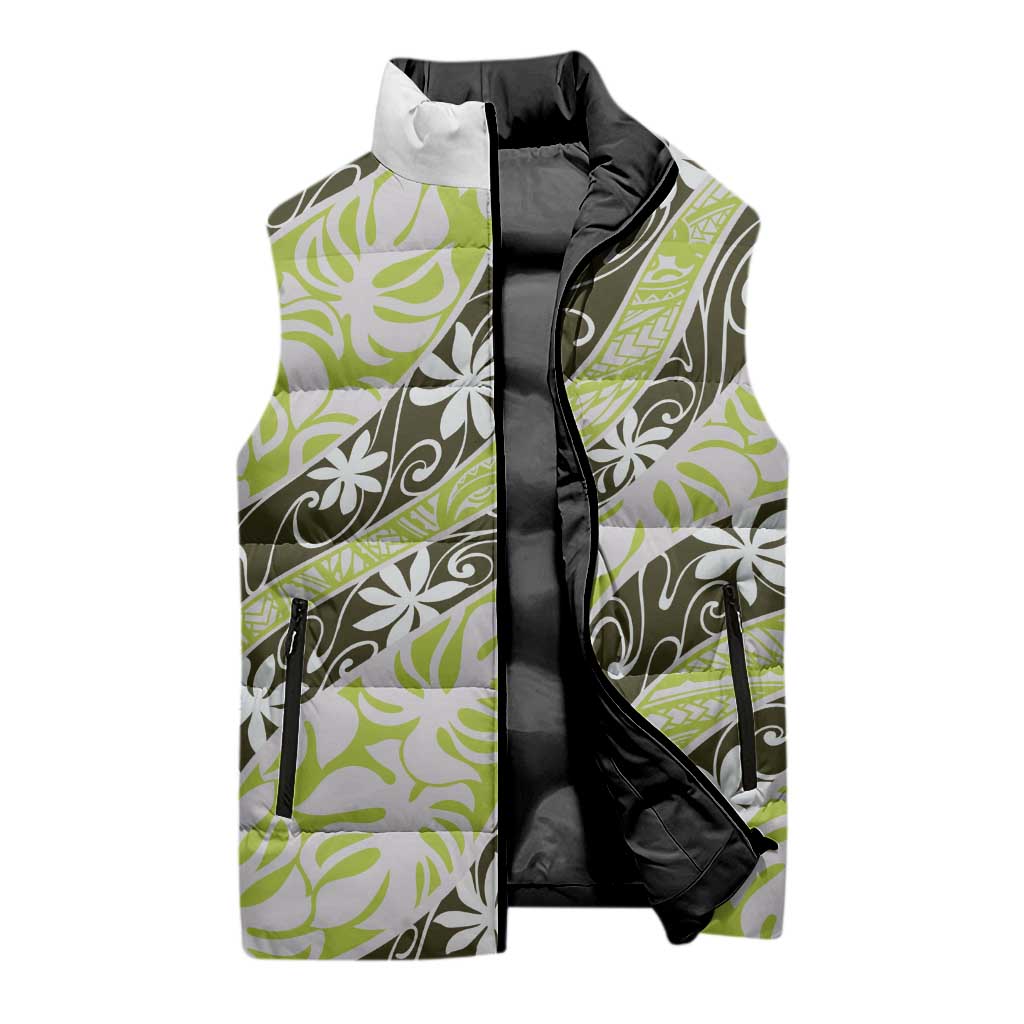 Olive Tahiti Tiare Monstera Sleeveless Puffer Jacket Polynesian Pattern Curve Style LT01 - Polynesian Pride