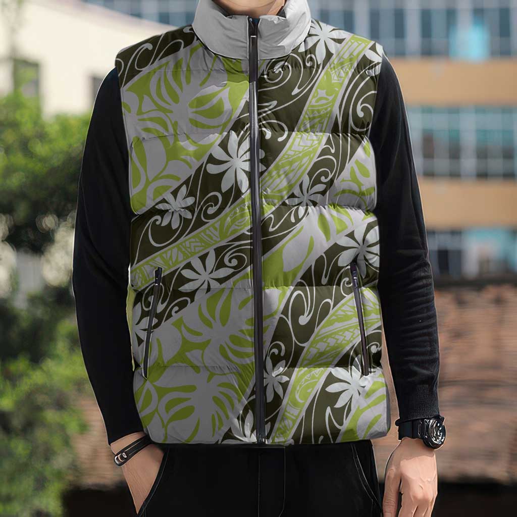 Olive Tahiti Tiare Monstera Sleeveless Puffer Jacket Polynesian Pattern Curve Style LT01 - Polynesian Pride
