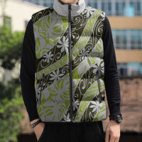 Olive Tahiti Tiare Monstera Sleeveless Puffer Jacket Polynesian Pattern Curve Style LT01 - Polynesian Pride