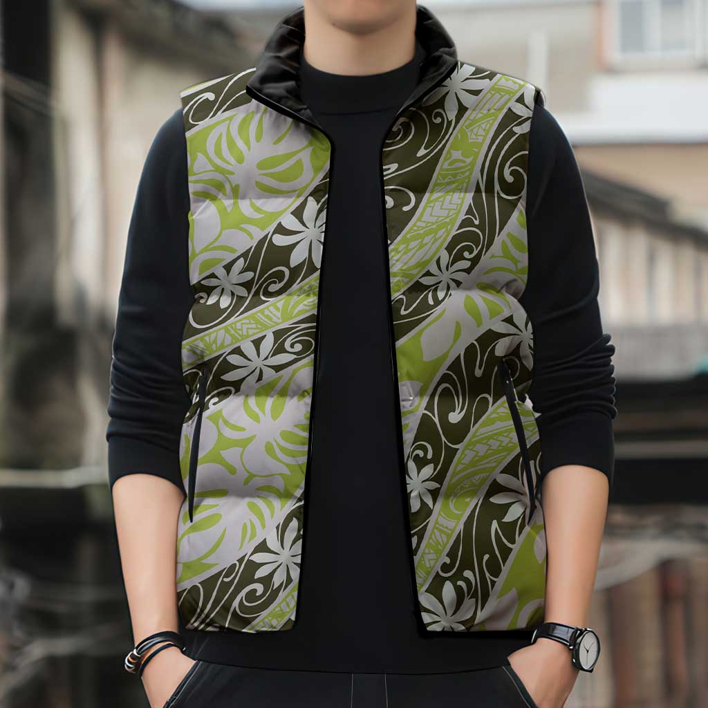 Olive Tahiti Tiare Monstera Sleeveless Puffer Jacket Polynesian Pattern Curve Style LT01 - Polynesian Pride
