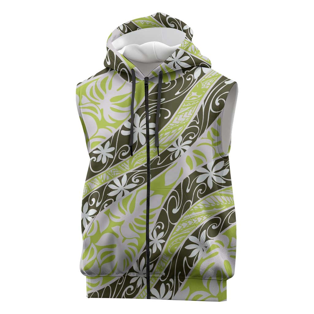 Olive Tahiti Tiare Monstera Sleeveless Zip Hoodie Polynesian Pattern Curve Style LT01 Olive - Polynesian Pride