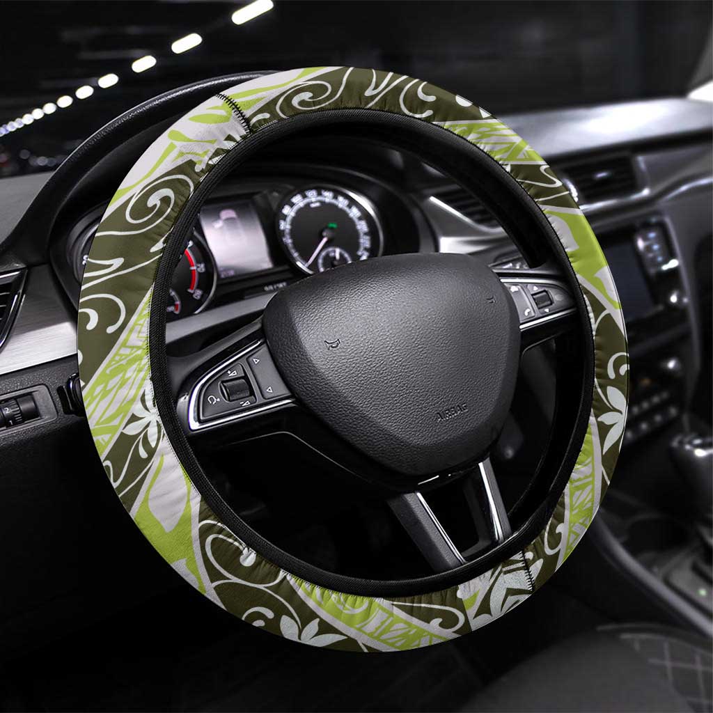 Olive Tahiti Tiare Monstera Steering Wheel Cover Polynesian Pattern Curve Style - Polynesian Pride