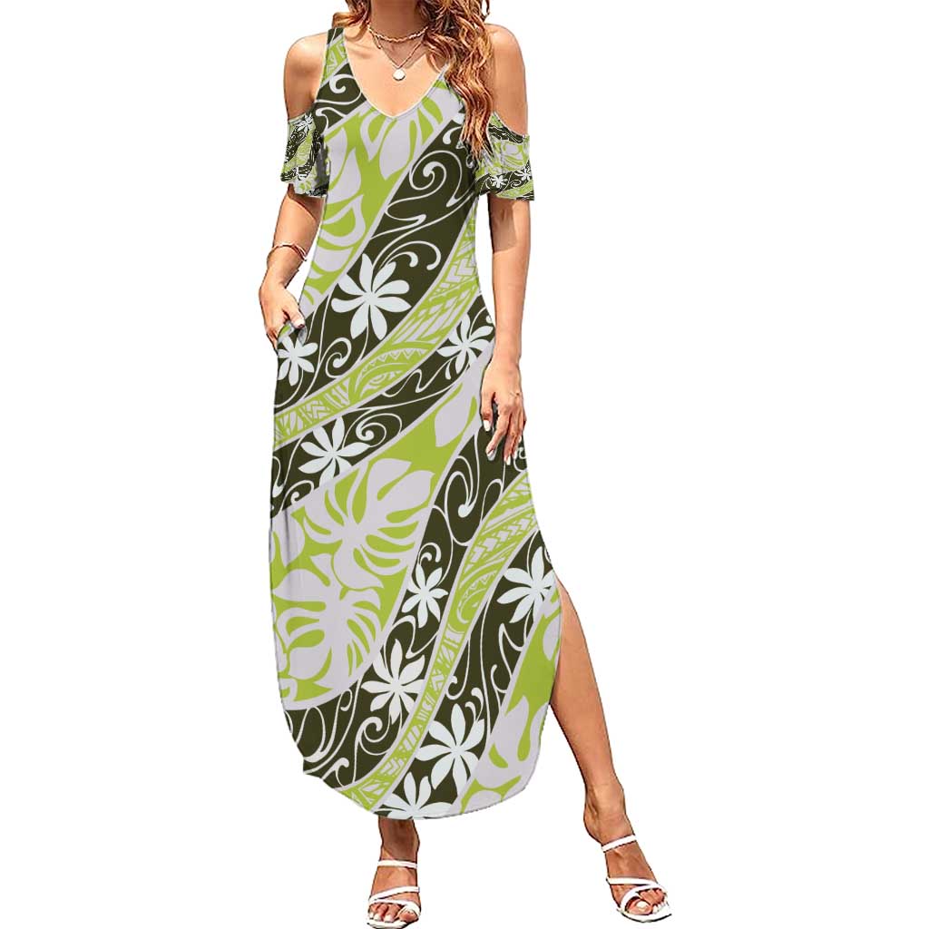 Olive Tahiti Tiare Monstera Summer Maxi Dress Polynesian Pattern Curve Style - Polynesian Pride
