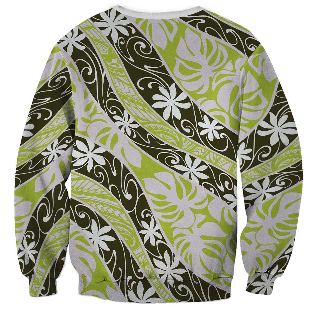 Olive Tahiti Tiare Monstera Sweatshirt Polynesian Pattern Curve Style LT01 - Polynesian Pride