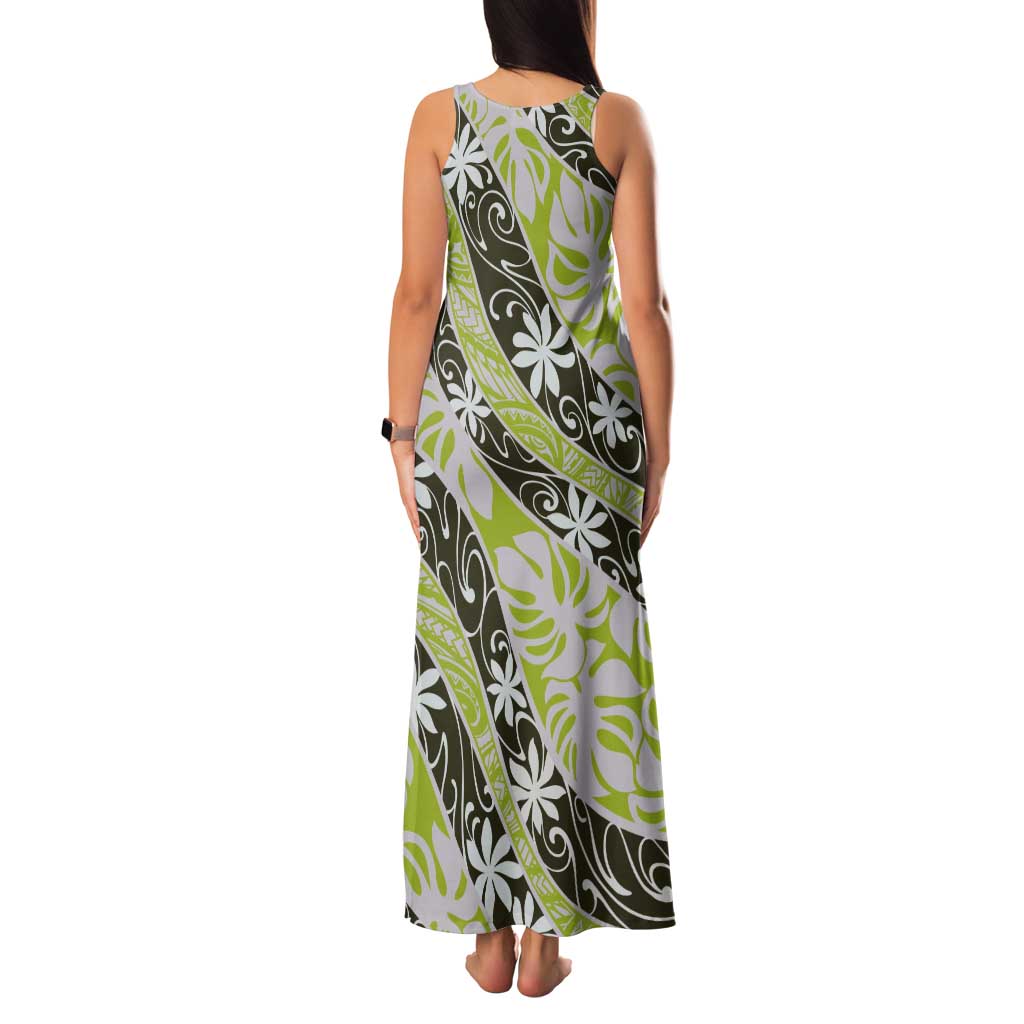 Olive Tahiti Tiare Monstera Tank Maxi Dress Polynesian Pattern Curve Style - Polynesian Pride