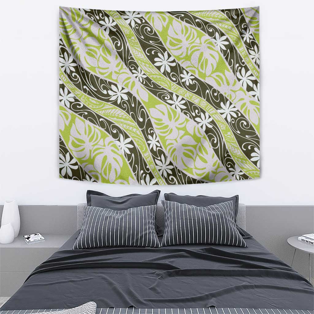 Olive Tahiti Tiare Monstera Tapestry Polynesian Pattern Curve Style LT01 - Polynesian Pride