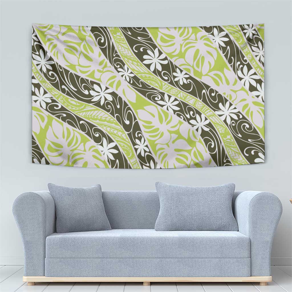 Olive Tahiti Tiare Monstera Tapestry Polynesian Pattern Curve Style LT01 - Polynesian Pride