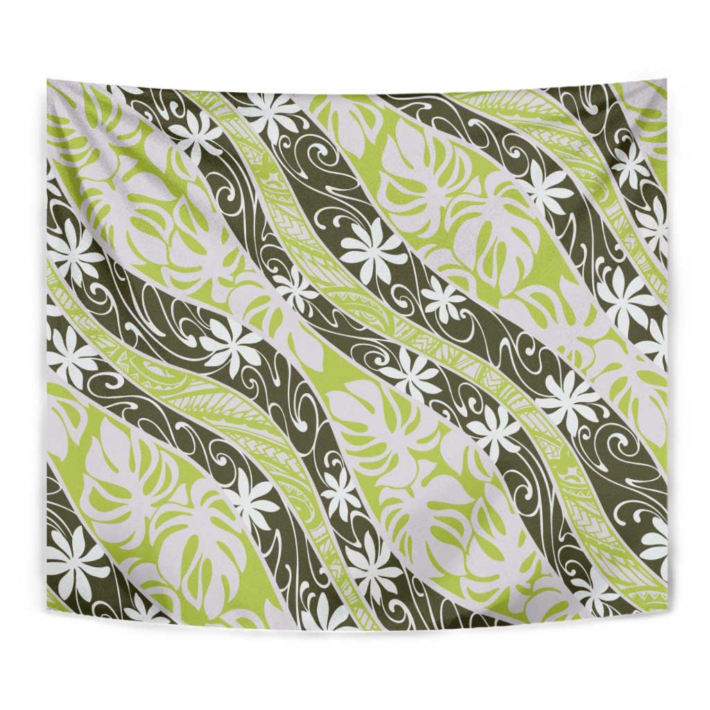 Olive Tahiti Tiare Monstera Tapestry Polynesian Pattern Curve Style LT01 - Polynesian Pride