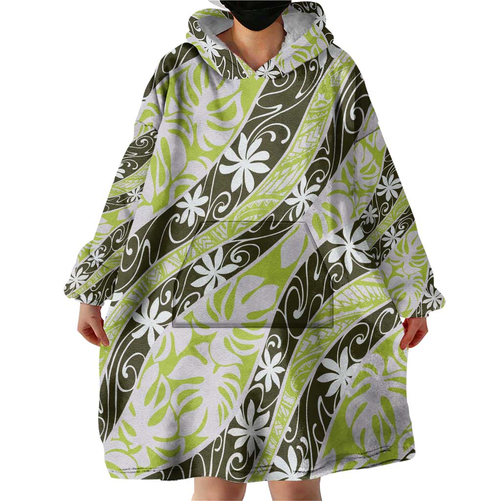 Olive Tahiti Tiare Monstera Wearable Blanket Hoodie Polynesian Pattern Curve Style - Polynesian Pride