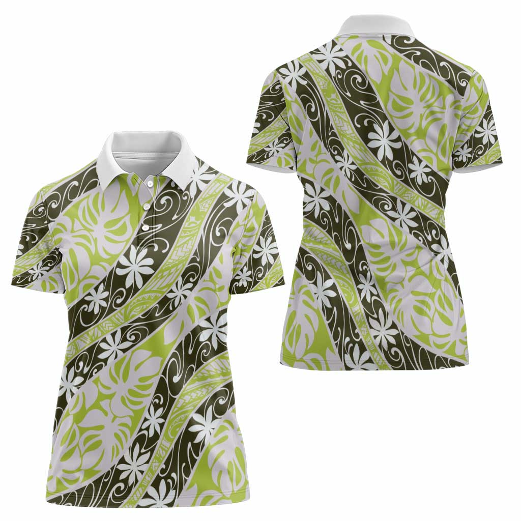 Olive Tahiti Tiare Monstera Women Polo Shirt Polynesian Pattern Curve Style - Polynesian Pride